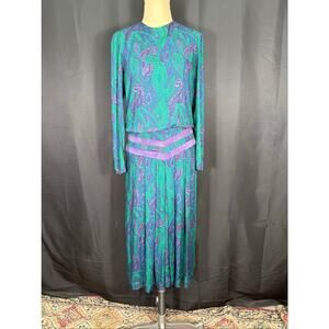 Vintage 80's Patty O'Neil Dress Green & Purple Paisley Pleated Frock Size 6